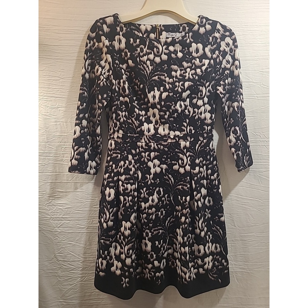 Eliza J Womens 6 Black Cream Floral Fit Flare Dress 3/4 Slv Career Stretch Lined